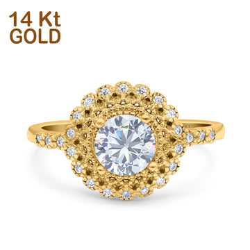 14K Yellow Gold Halo Art Deco Round Bridal Wedding Engagement Ring Simulated CZ Size-7